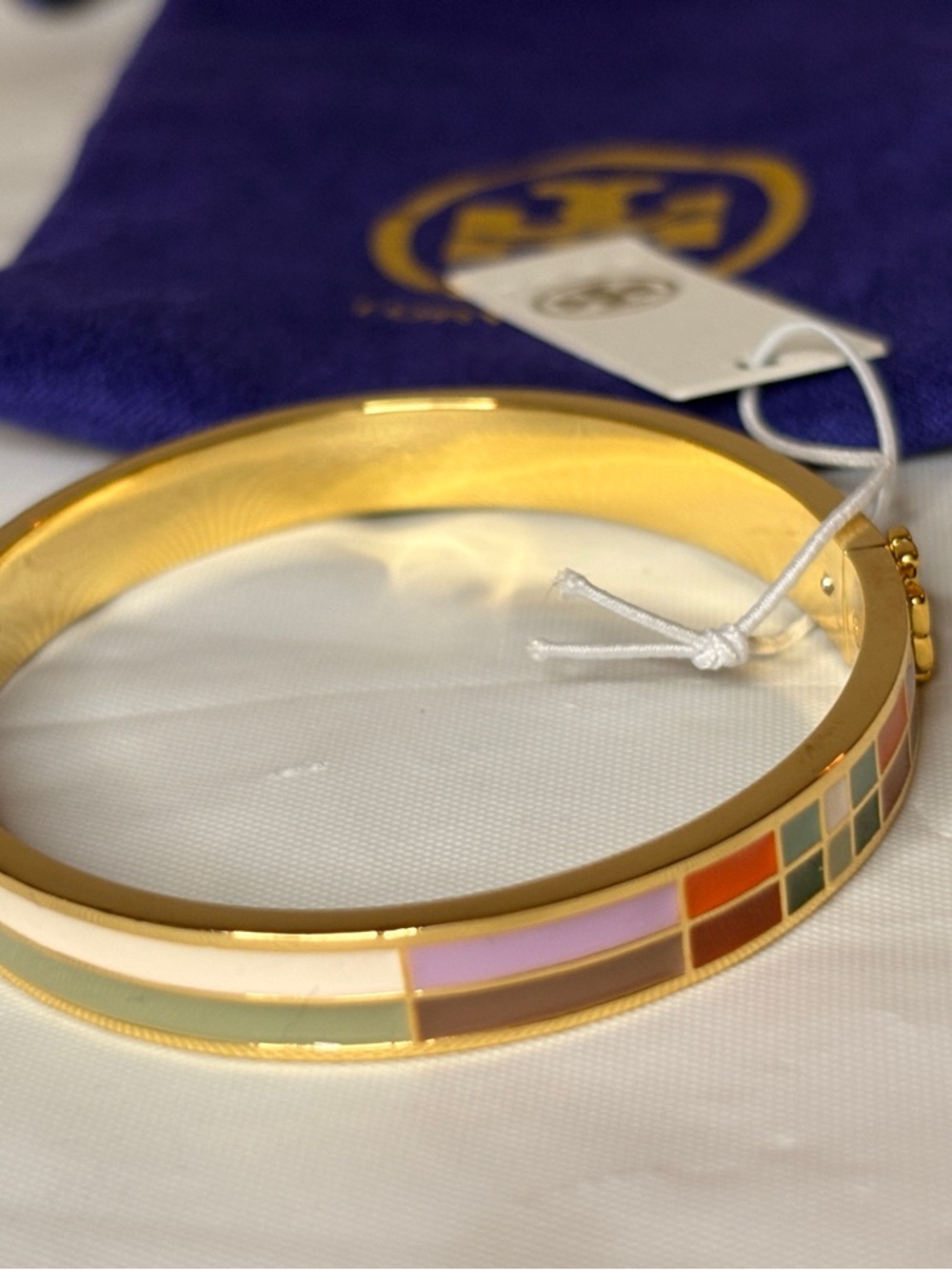 Tory Burch Gold Tone Multicolor Enamel Logo Bangle - Picture 4 of 8